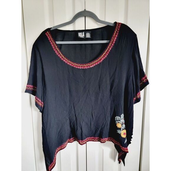 Bila‎ 1XP Black Embroidered Top Women's Plus Boho Peasant S/S Vtg Shoulder Pads - Picture 1 of 8